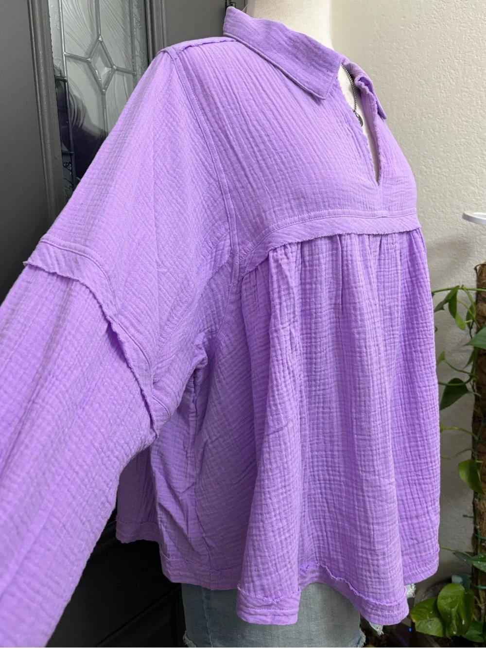 ZENANA Lilac Gauze Relaxed Fit Babydoll 100% Cotton Top - L/XL - Picture 4 of 10